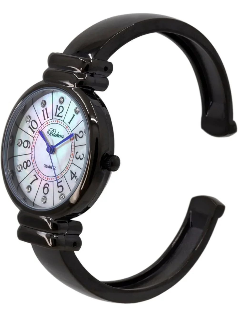Women's Black And Blue Hand Analog Metal hinged Pearl Cuff Bracelet Wrist Watch
